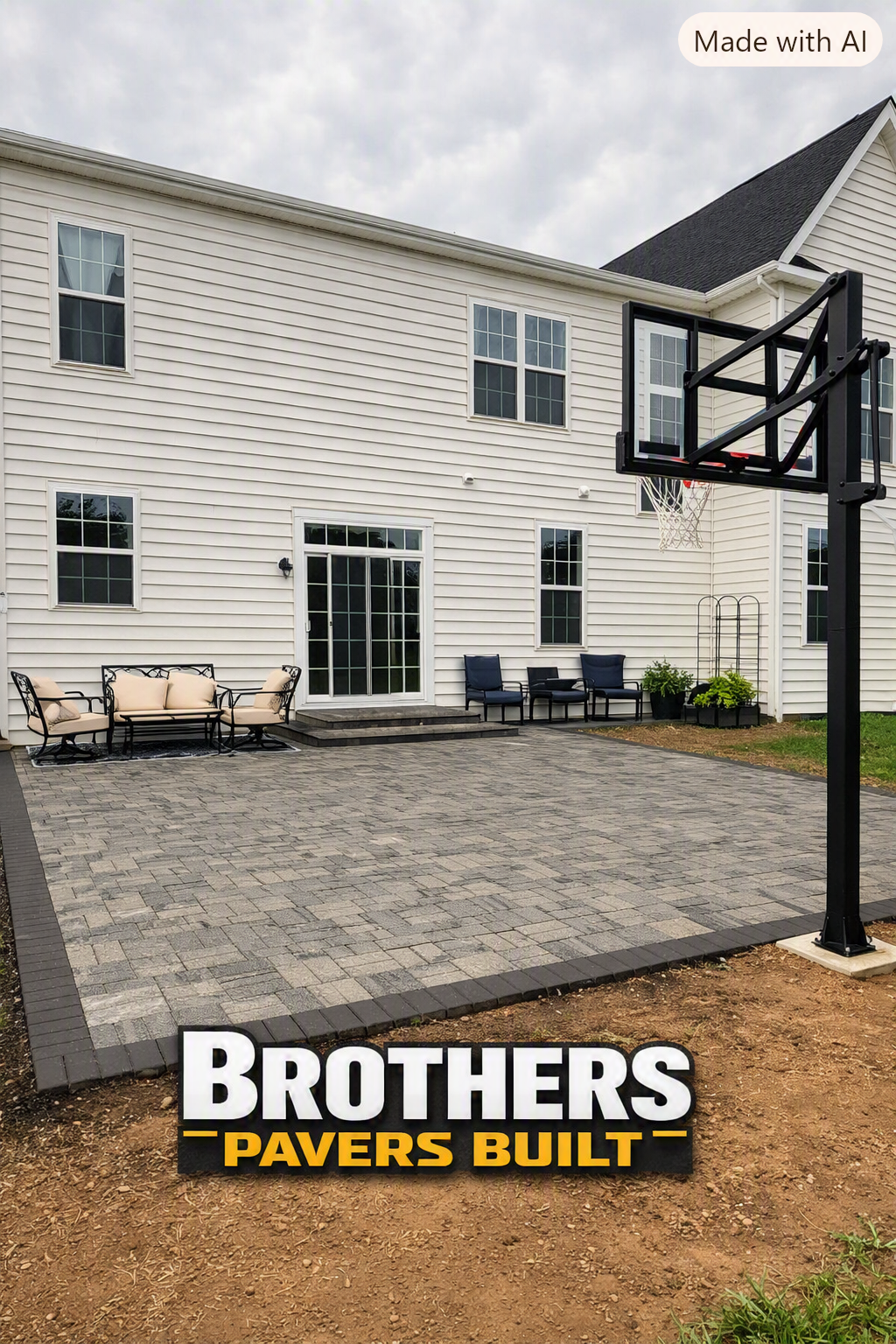 Large grey herringbone paver patio with charcoal soldier-course border, lounge seating and a basketball hoop behind a two-story home