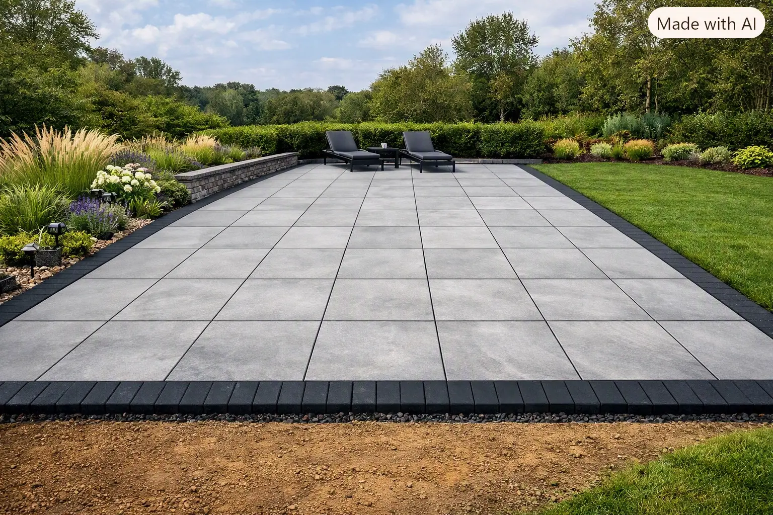 Large-format grey slab paver patio with a charcoal soldier-course border, lounge chairs and landscaped garden beds