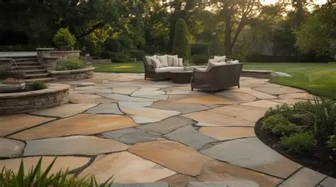 Irregular flagstone patio with curved edges, lounge seating and landscape beds in a backyard at golden hour