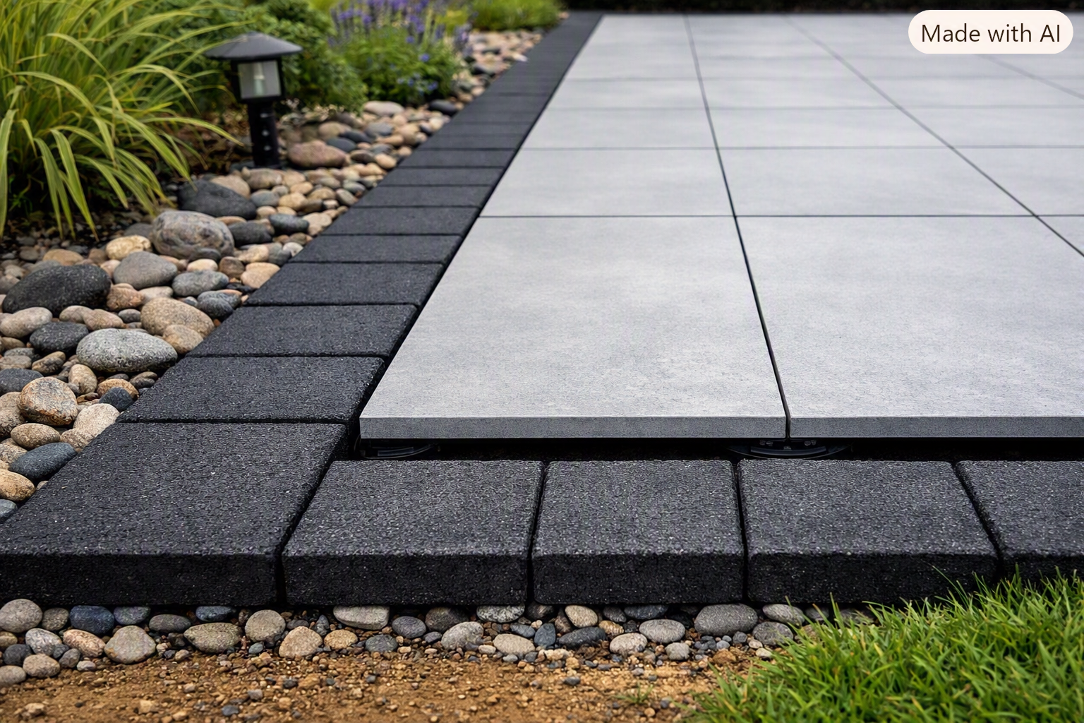 Large-format pedestal paver slabs set on adjustable supports beside a charcoal paver border and river-rock landscape bed