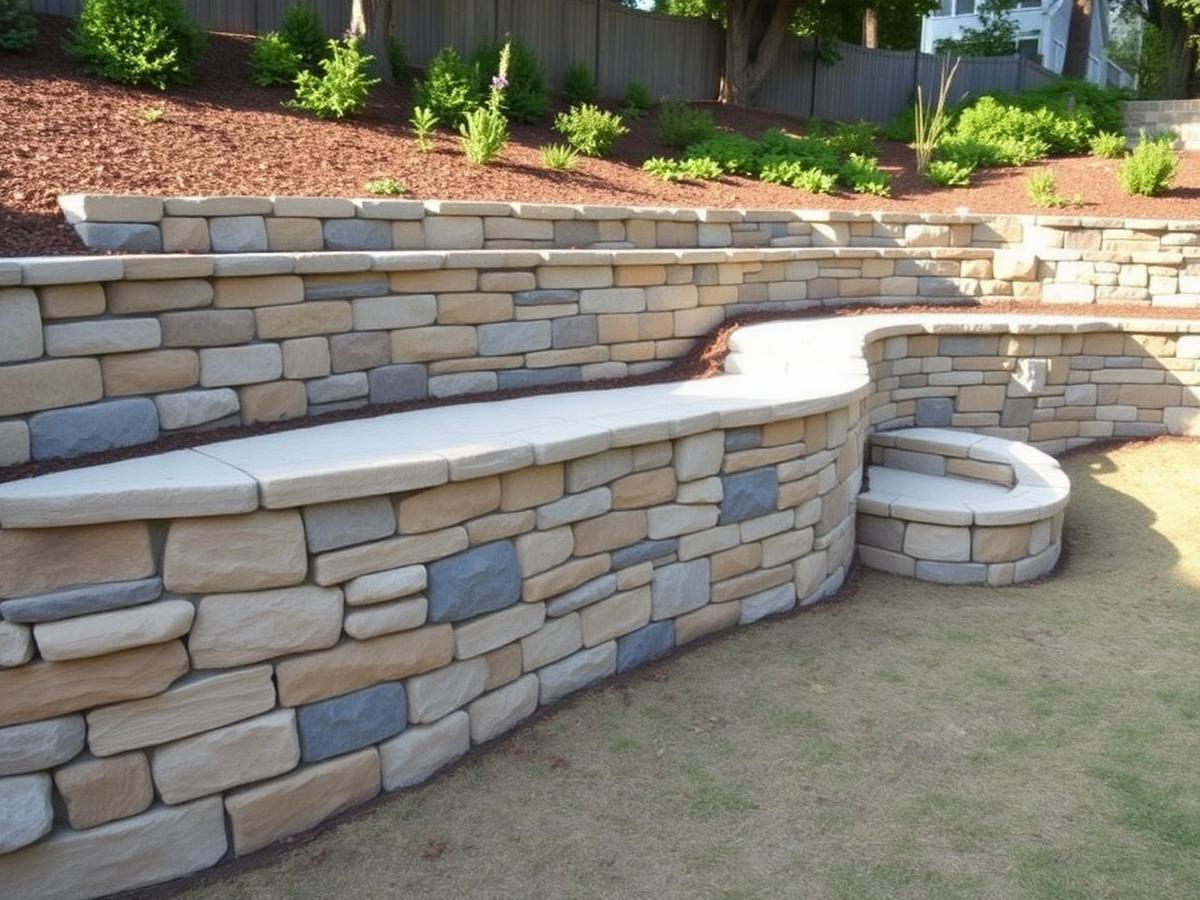 Tiered stone retaining wall with capped seating ledge holding back a sloped backyard