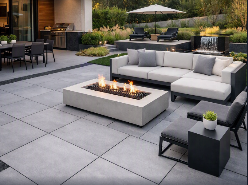 Modern large-format paver patio with a linear gas fire pit, sectional lounge seating and outdoor kitchen