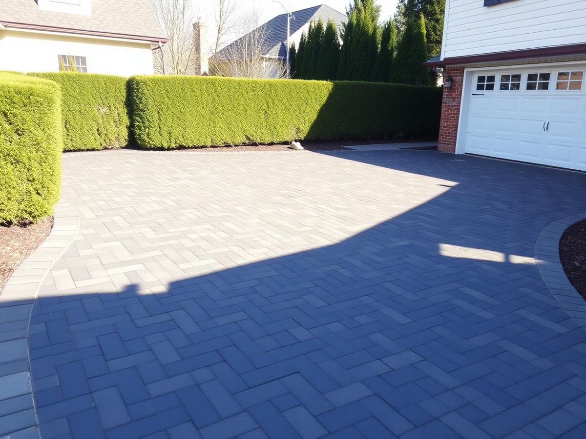Herringbone paver driveway in charcoal and grey leading to a two-car garage