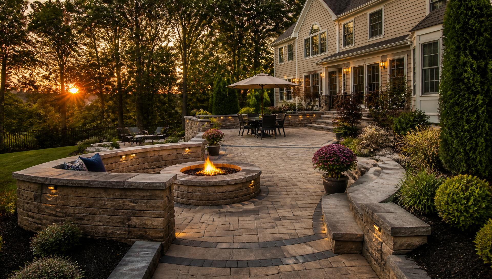 Paver patio with fire pit and curved seating wall behind a Maryland home at sunset