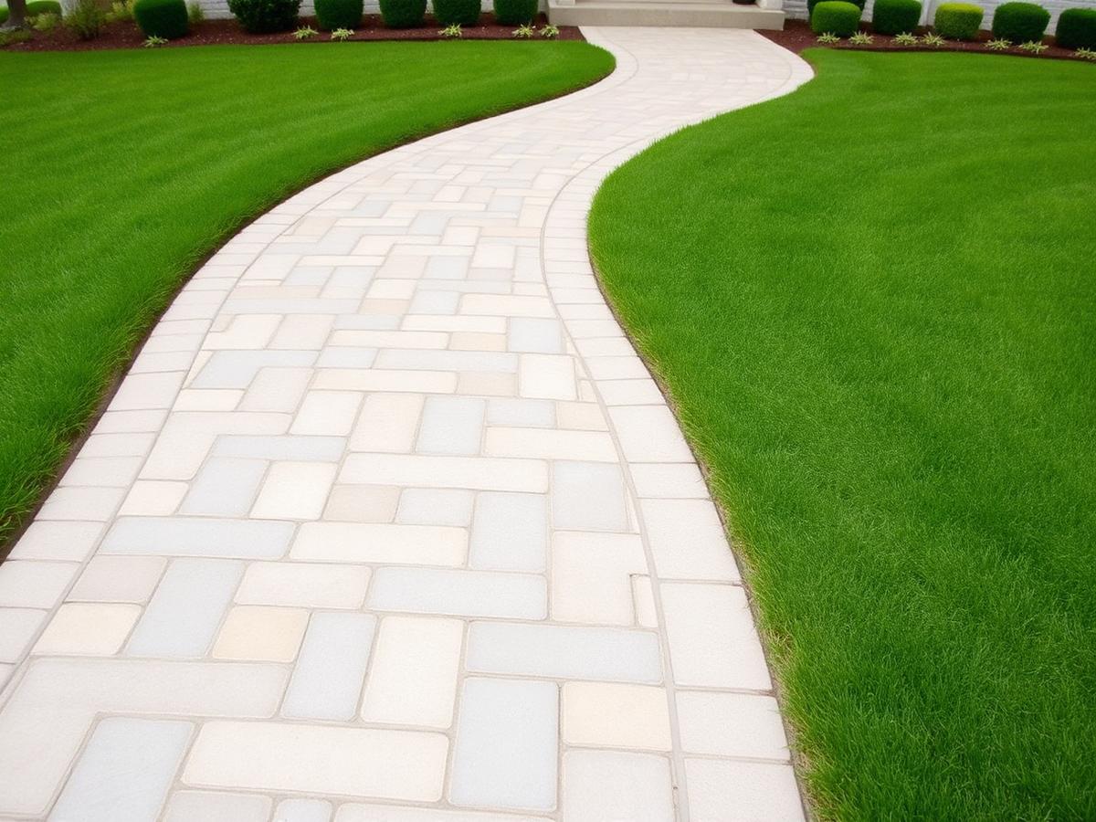 Natural stone walkway curving through a green lawn to a front door